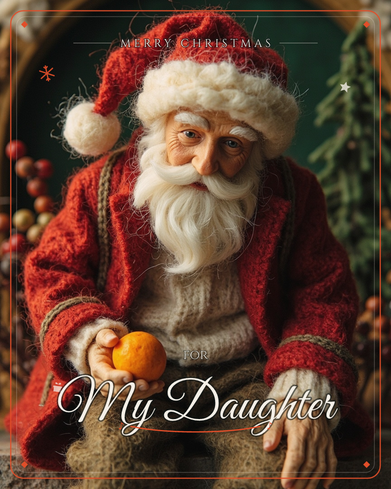 A felted figure of Santa sits close to the camera, his textured red coat and cream sweater catching soft studio light against a dark green backdrop, a christmas e-card design