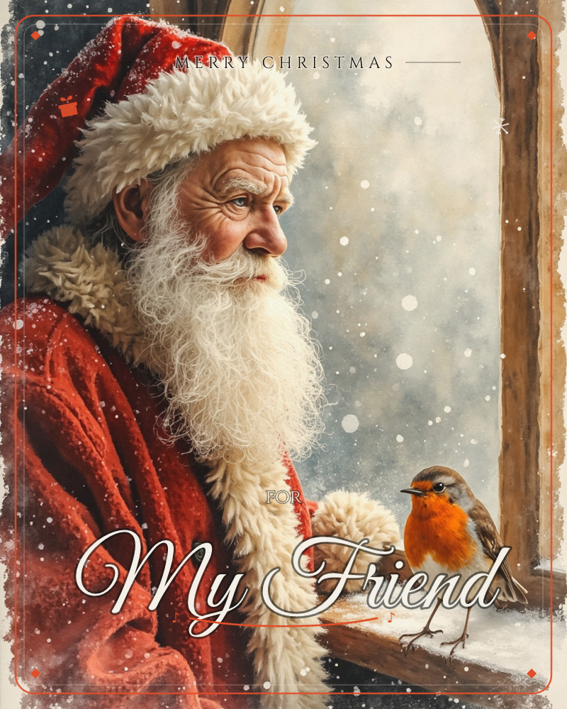 Santa in his red fur-trimmed coat gazes out through an arched wooden window at falling snow, a small robin with an orange breast perched on the sill…, a christmas e-card design