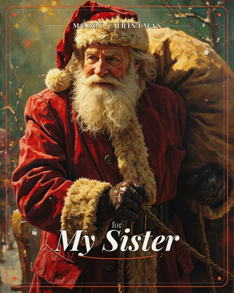 A painterly close-up shows a weathered Santa in a fur-trimmed red coat, hauling a heavy burlap sack over his shoulder on a rope, a christmas e-card design