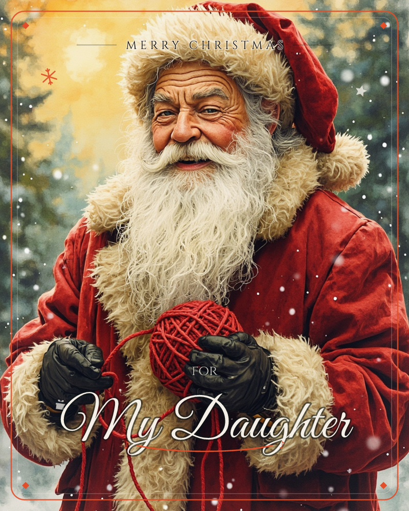 A man dressed as Santa Claus stands smiling among snowy pine trees, holding a large ball of red yarn between his gloved hands, a christmas e-card design