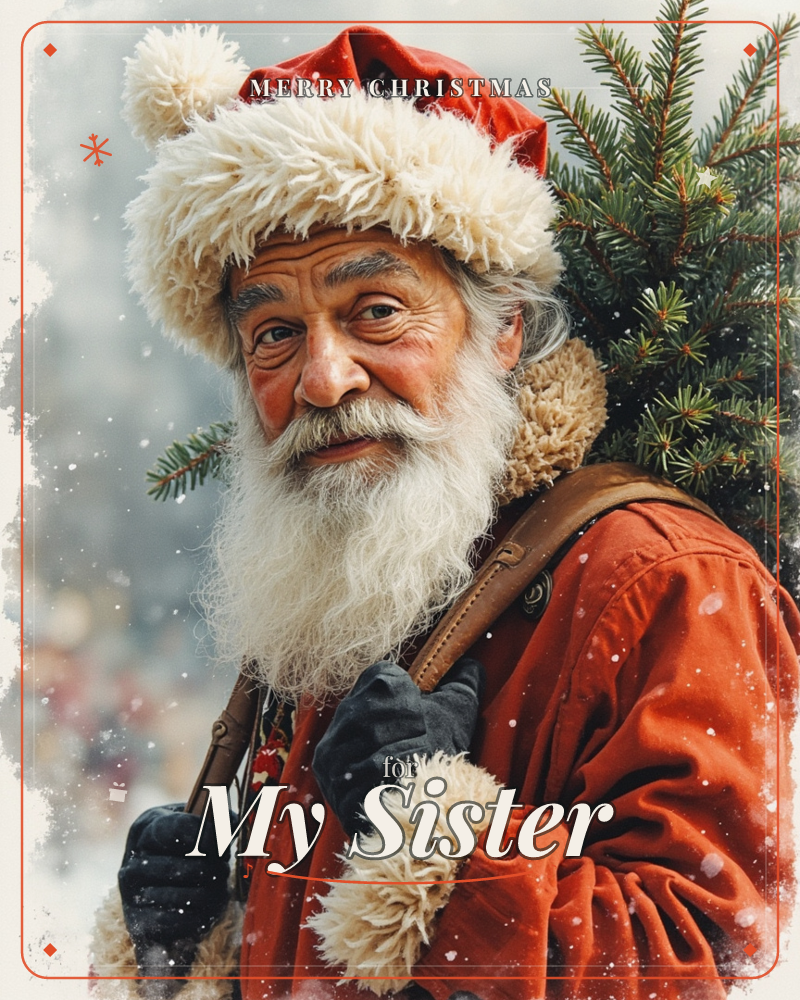 A weathered Santa figure with a long white beard and fur-trimmed red cap looks out warmly, a fresh-cut fir tree slung over his shoulder on a leather strap, a christmas e-card design