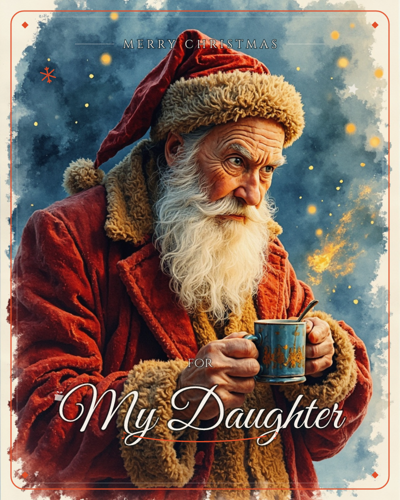 An elderly man with a long white beard stands wrapped in a red fur-trimmed coat and cap, cradling a blue speckled mug in both hands against a deep navy…, a christmas e-card design