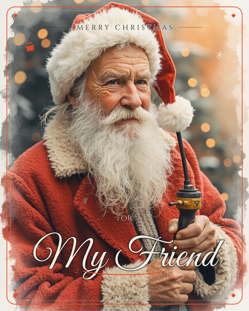 A close-up portrait shows a white-bearded man in a red Santa coat and fur-trimmed cap, gripping an old power drill in both hands, a christmas e-card design