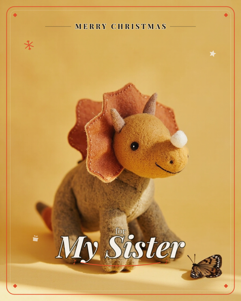 A plush triceratops toy sits against a warm mustard-yellow backdrop, its felt frill and horns catching soft directional light, a christmas e-card design