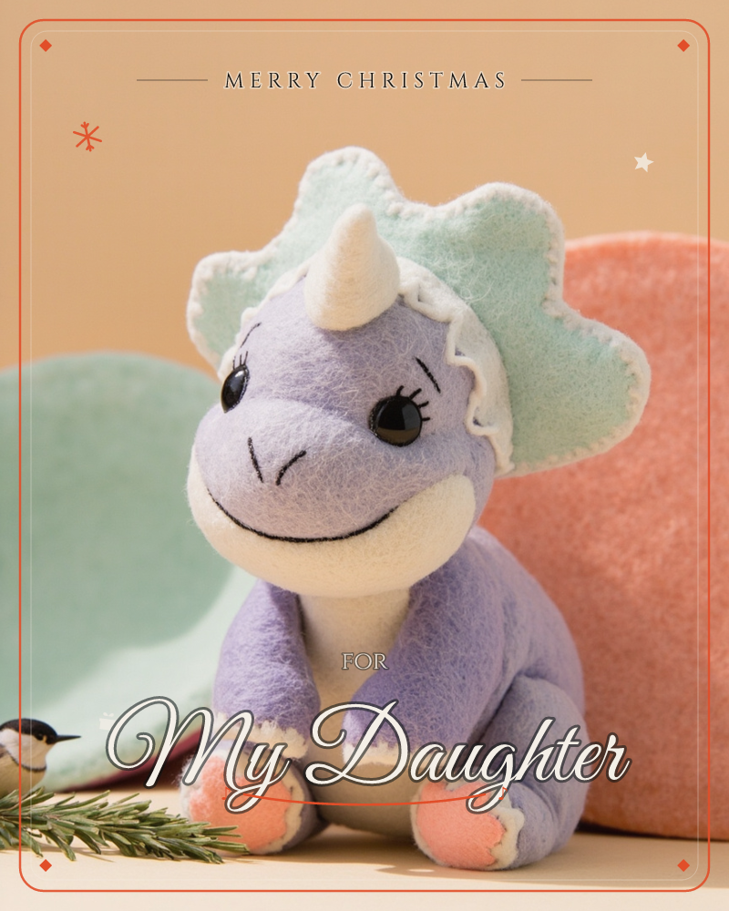 A handmade felt triceratops toy sits smiling against a warm peach backdrop, its lavender body, mint frill and coral-tipped feet stitched in soft…, a christmas e-card design