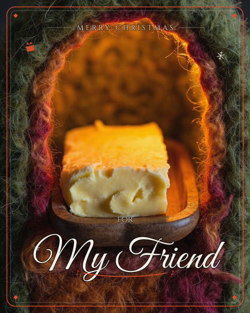A block of golden butter rests on a small wooden dish, tucked inside an arched nook of thick, curly wool in olive green, rust and burgundy, a christmas e-card design