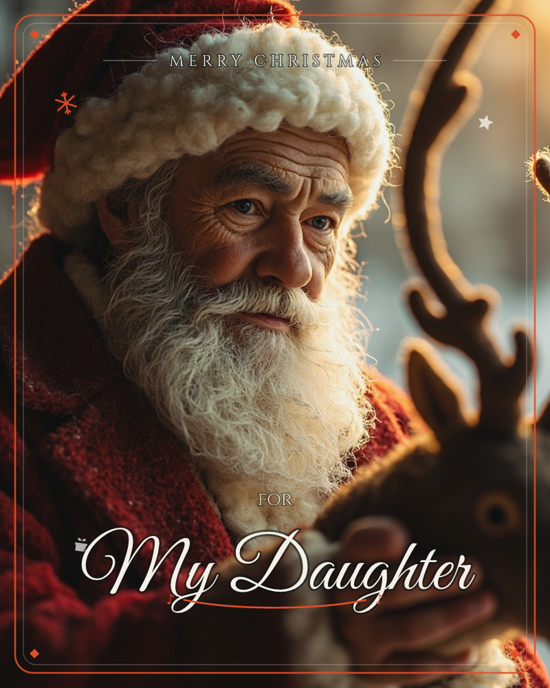 A close-up portrait shows an elderly man in a red Santa suit with a thick white beard and fur-trimmed hat, gently holding a carved wooden reindeer figure, a christmas e-card design