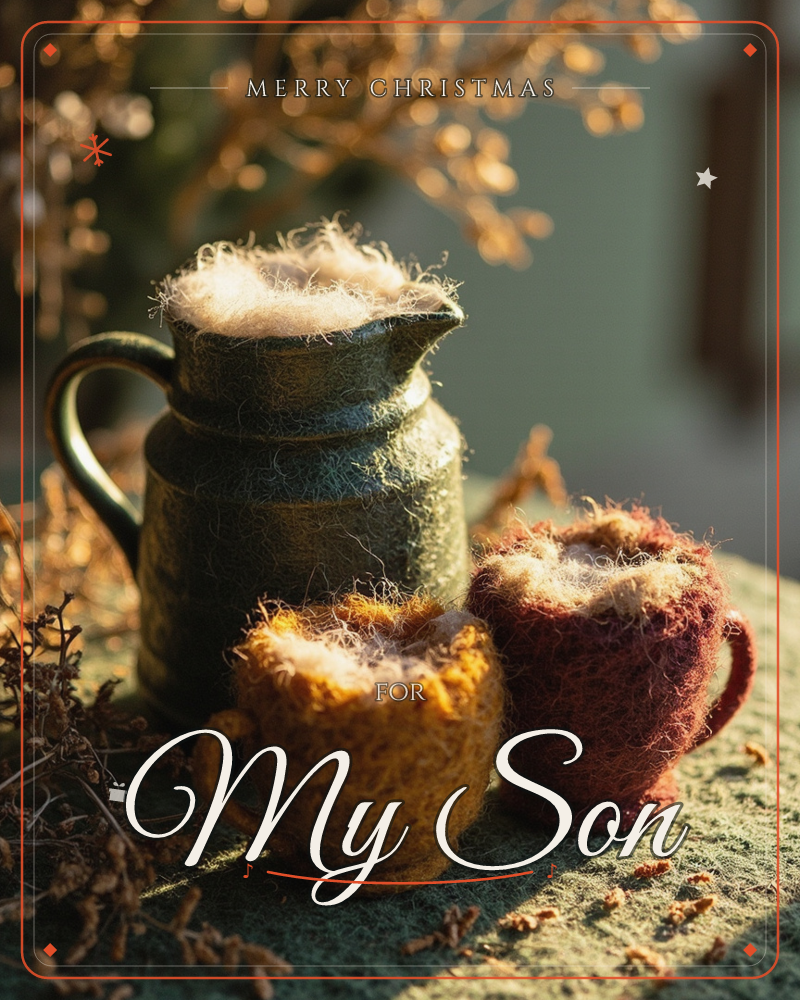 A photographic still life shows a felted pitcher and two small felted mugs, their rims frothed with tufts of cream-coloured wool to look like foamy drinks, a christmas e-card design
