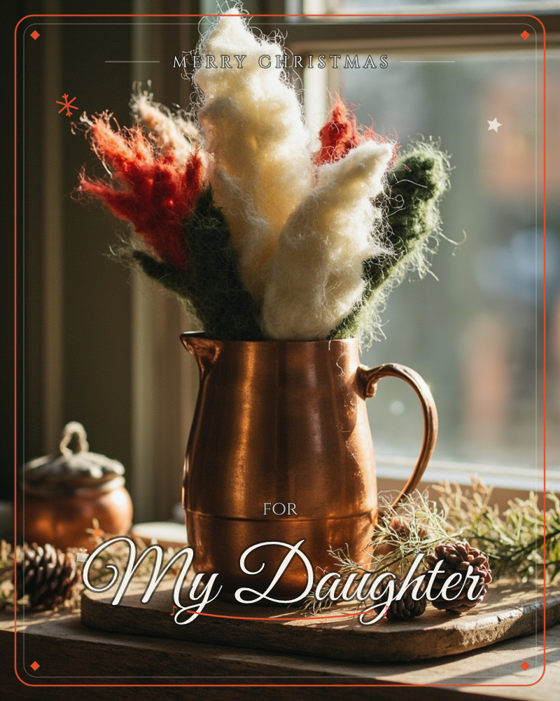 A copper pitcher holds tufts of felted wool shaped like white and red blooms with green leaves, set on a wooden board by a sunlit window, a christmas e-card design