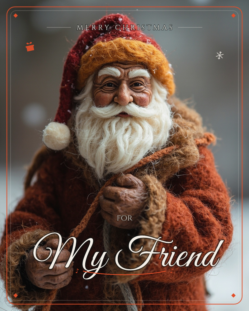 A handcrafted felt Santa figure stands against a softly blurred grey winter backdrop, snowflakes drifting around his weathered face, a christmas e-card design