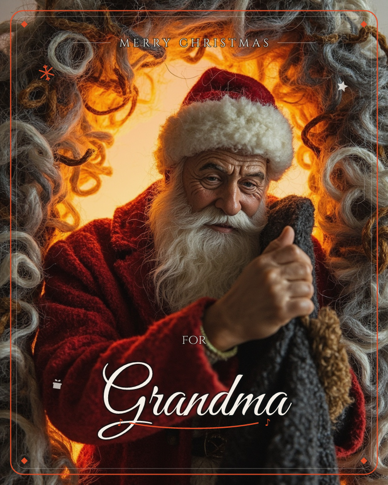 Santa peers out through a thick frame of curling grey and silver wool, his red velvet coat glowing against a warm amber light behind him, a christmas e-card design