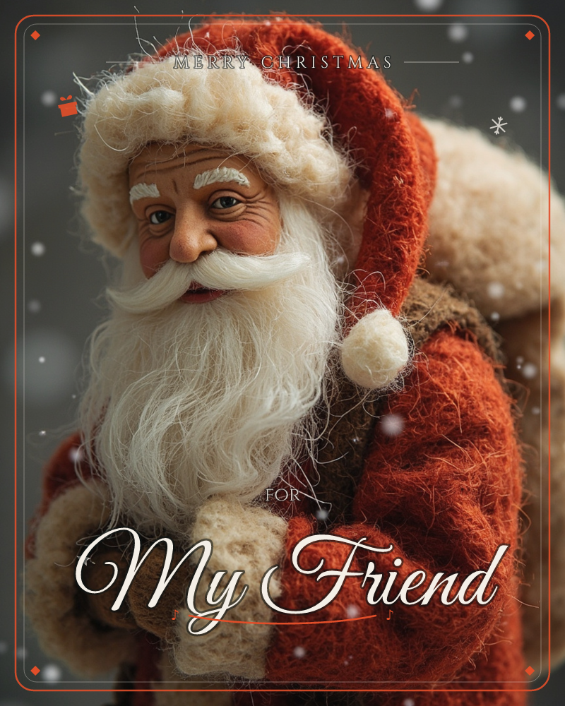 A handcrafted felt Santa figure fills the frame, his long white wool beard and bushy eyebrows textured in soft fibres, a rust-red coat and matching cap…, a christmas e-card design
