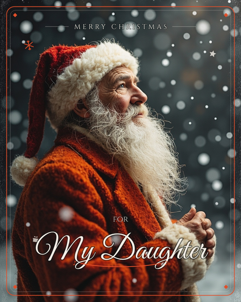 A man dressed as Santa Claus stands in profile, gazing upward as snow drifts down around him against a dark, softly blurred background, a christmas e-card design
