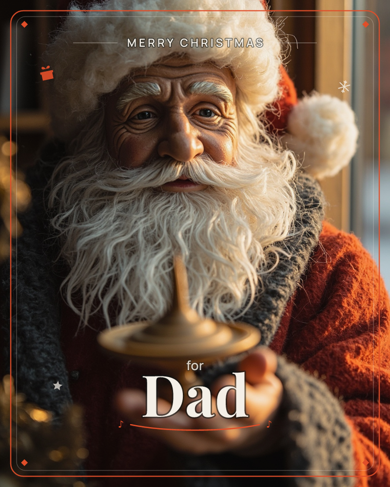 A close-up portrait of Santa Claus, his deeply lined face framed by a thick white beard and fur-trimmed red hat, holding a small brass spinning top…, a christmas e-card design