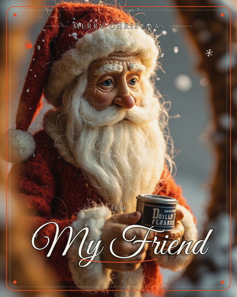 A felted Santa figure with a snowy white beard and weathered, kindly face holds a small tin mug between soft mittened hands, snowflakes caught mid-fall…, a christmas e-card design