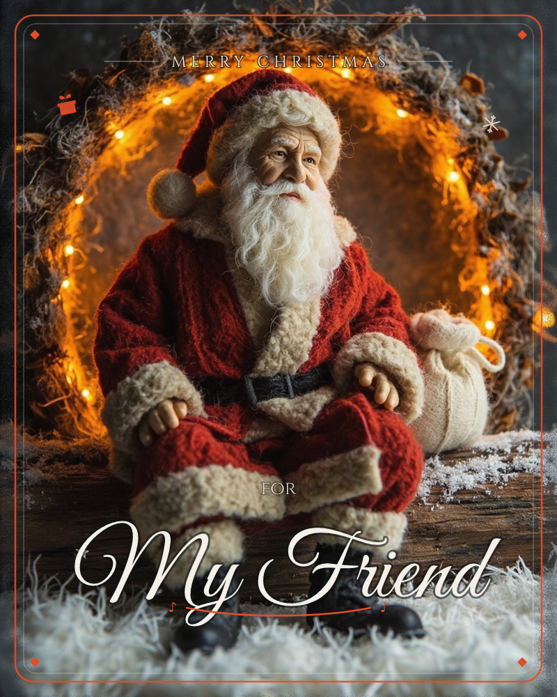 A handcrafted felt Santa figure sits perched on a rustic wooden log, his red and cream wool coat and boots textured with careful stitching, a christmas e-card design