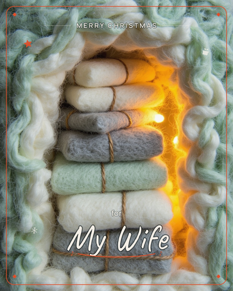 A cosy arched nook framed by thick, curly loops of chunky knit wool in sage green and cream, glowing from within with warm amber light, a christmas e-card design
