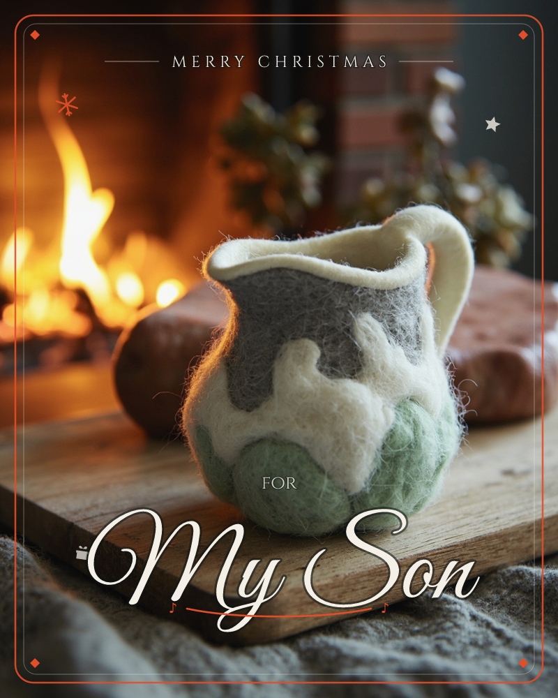 A small felted-wool jug in sage green, cream and grey sits on a wooden board before a glowing fireplace, its fibres catching the firelight along one edge, a christmas e-card design