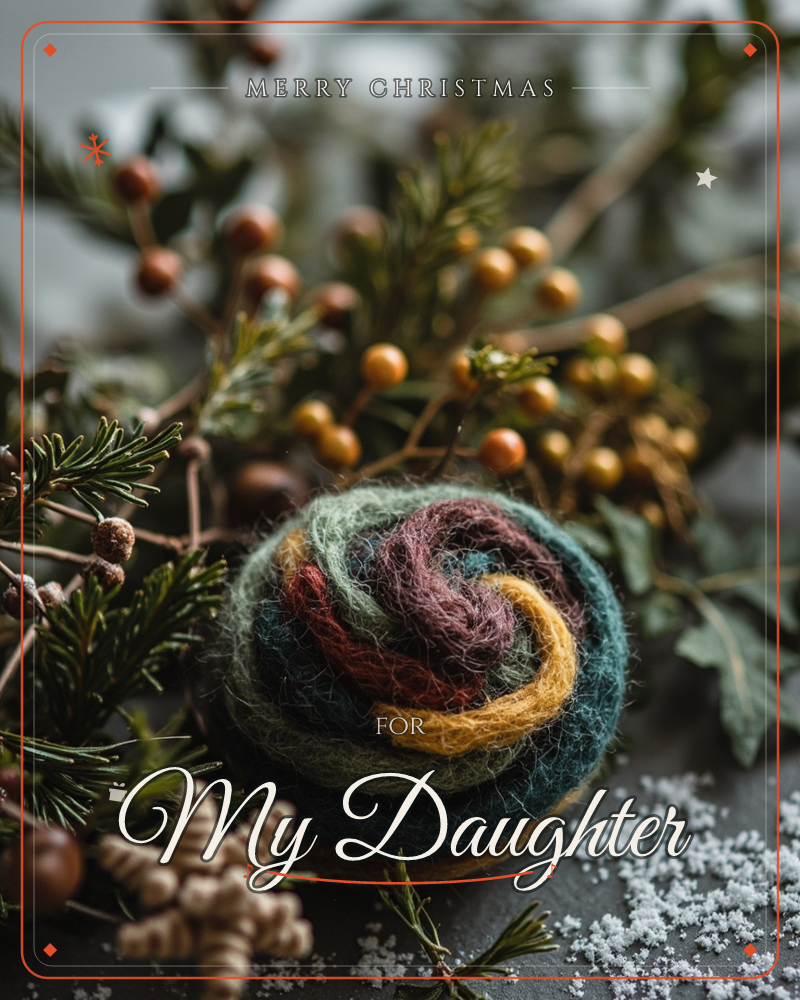 A swirled felt ornament in sage, mustard, teal and burgundy sits nestled among pine sprigs, dried berries and a woven straw star, a christmas e-card design