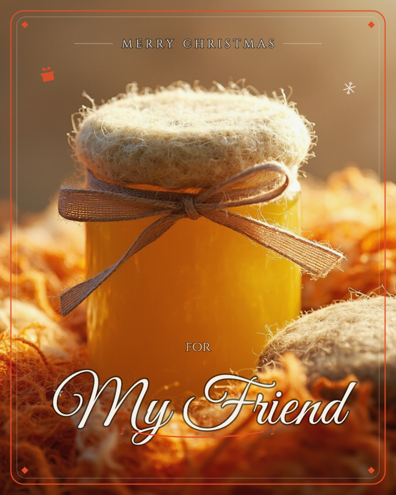 A small jar of golden honey sits nestled in a tangle of orange straw-like fibres, its lid a woolly fabric circle tied down with a soft brown ribbon bow, a christmas e-card design