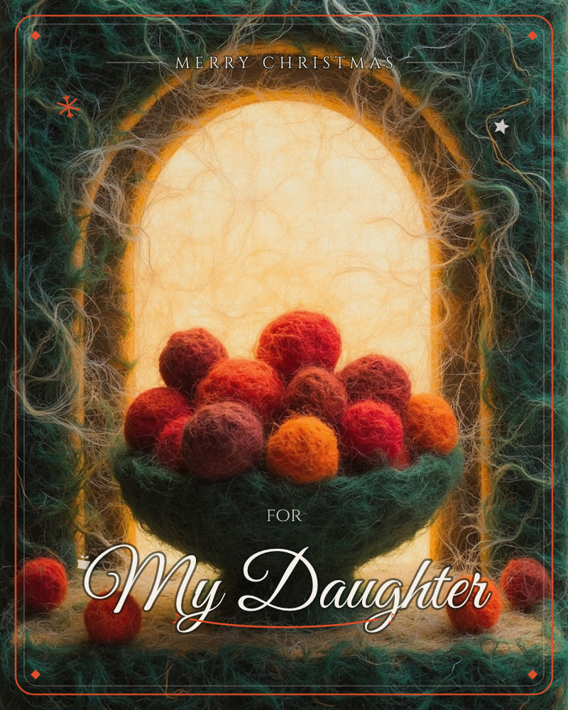 A felted-wool illustration shows a footed bowl of red and orange fruit-like spheres set inside a glowing archway, all rendered in fuzzy needle-felted…, a christmas e-card design