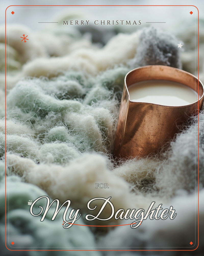 A small copper cup filled with milk rests nestled into a thick, chunky knitted blanket in soft sage green and cream, a christmas e-card design