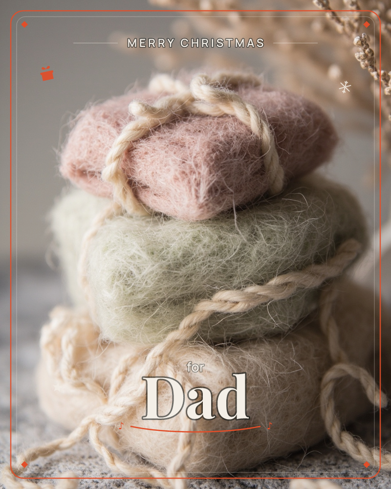 A stack of three soft, felted wool pillows in dusty pink, sage green, and cream sits wrapped in loops of coarse jute twine, photographed close-up on a…, a christmas e-card design
