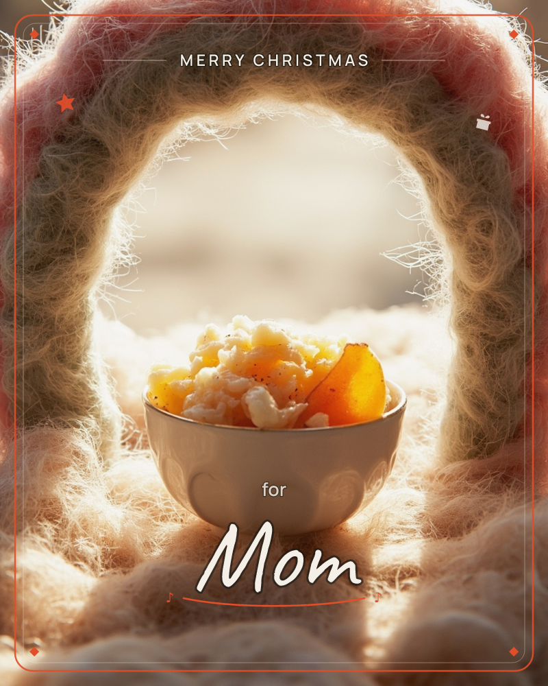 A small white bowl of rice and roasted squash sits framed beneath a fuzzy, hand-knitted archway in dusty rose and cream, backlit by soft golden light, a christmas e-card design