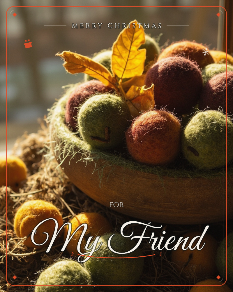 A wooden bowl overflows with felted wool fruits in burgundy, moss green, and mustard, tucked among dried moss and a curled golden leaf, all lit by warm…, a christmas e-card design