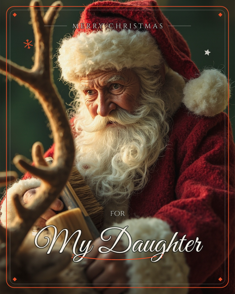 A close-up portrait shows Santa Claus in his red velvet coat and fur-trimmed hat, carefully brushing the antlers of a reindeer standing before him, a christmas e-card design