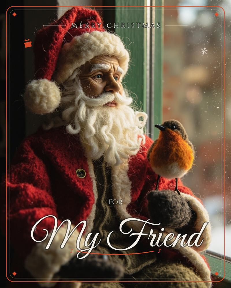A felted Santa figure with a curling wool beard sits on a green-painted windowsill, gazing out through rain-speckled glass while a robin with a bright…, a christmas e-card design