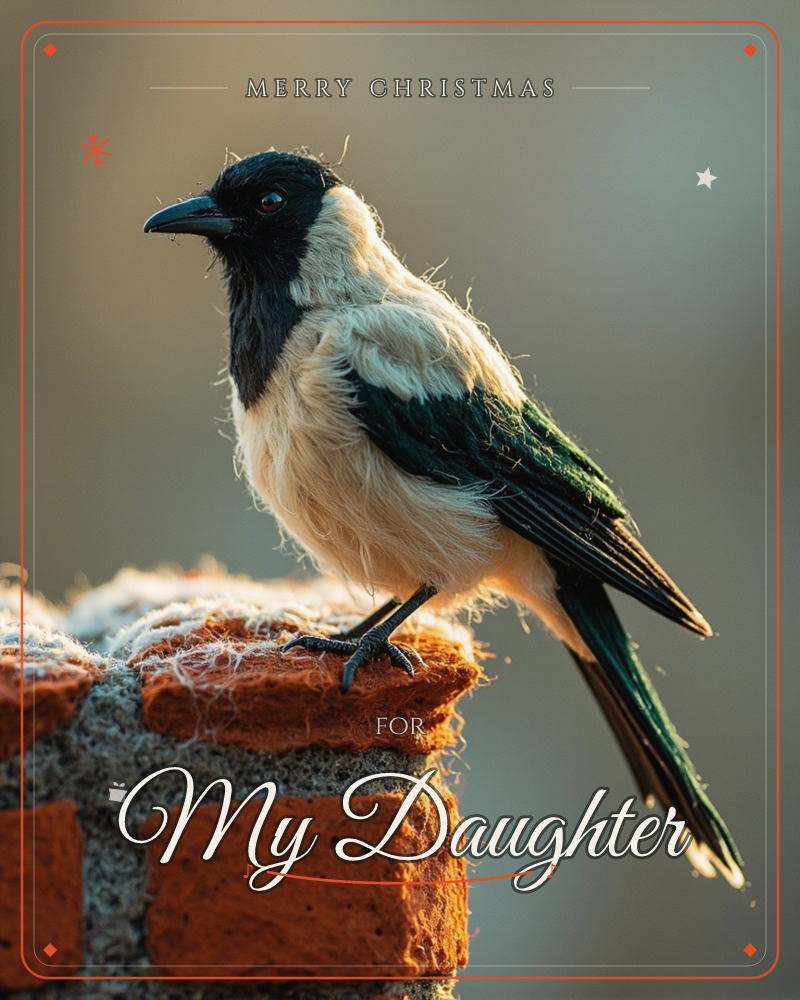 A magpie with a black hood, cream chest and glossy dark green wings perches on the frosty edge of a red brick wall, a christmas e-card design