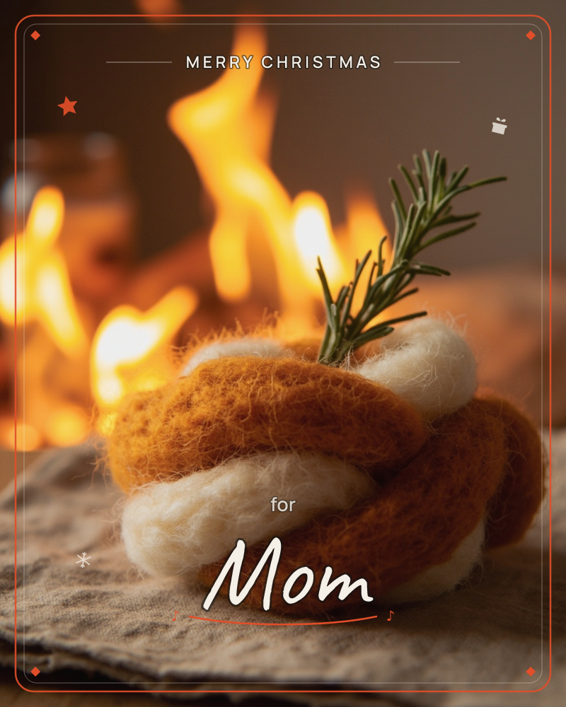 A twisted knot of felted wool in burnt orange and cream sits on rough linen, tucked with a sprig of fresh rosemary, while an open fire blurs into warm…, a christmas e-card design