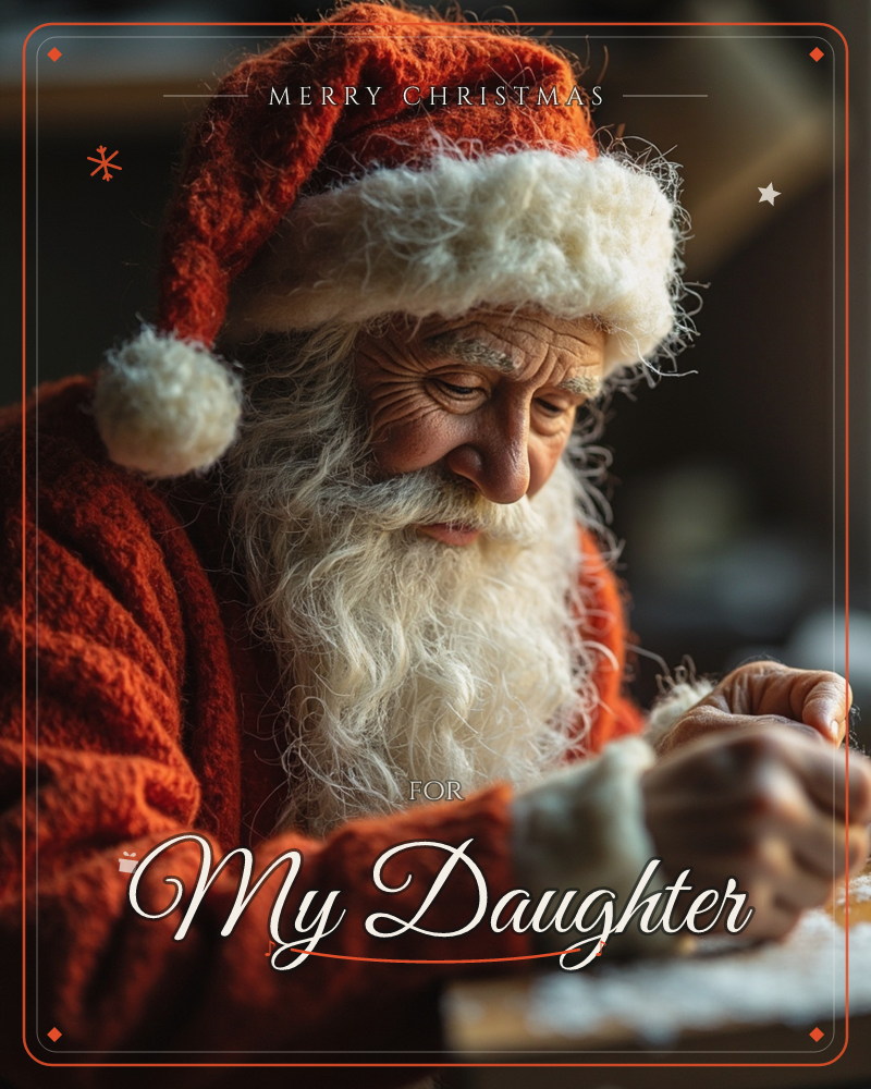 A close-up of a Santa figure in a red felted cap and coat, his long white beard catching warm side light as he leans over a workbench dusted with wood…, a christmas e-card design