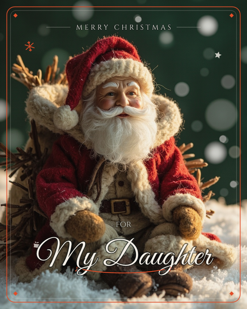 A plush Santa Claus figurine sits in a bed of fake snow, a bundle of twigs strapped to his back, against a deep green backdrop dotted with soft bokeh…, a christmas e-card design