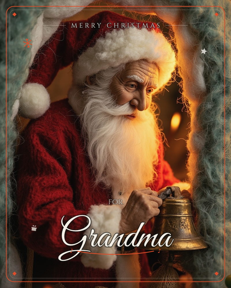 A close-up figure dressed as Santa, with a long white beard and knitted red coat, stands framed by a chunky sage-green knitted border as if seen…, a christmas e-card design
