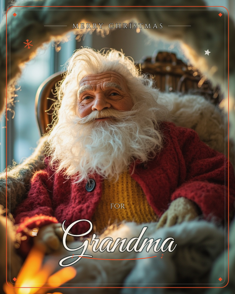 A white-bearded man dressed as Santa sits back in a wooden chair, framed by loops of chunky knitted wool that curve around the edge of the picture like…, a christmas e-card design
