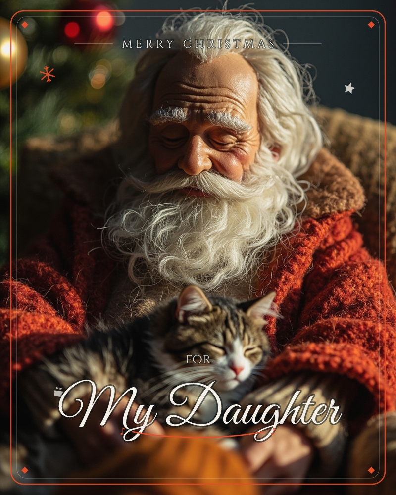 Santa dozes in a chair, his eyes closed and his long white beard resting against a red knitted coat, with a striped tabby cat curled asleep in his lap, a christmas e-card design