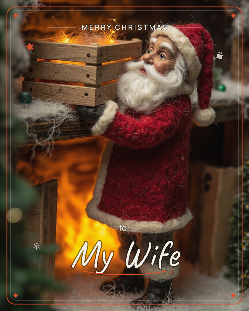 A figurine Santa in a felted red coat and cap carries a small wooden crate glowing with tiny fairy lights, set against a warm firelit hearth scene, a christmas e-card design
