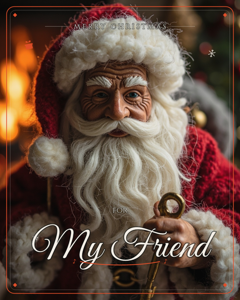 A close-up of a richly detailed Santa figure with a weathered, kindly face, snowy beard and fur-trimmed red coat, holding a brass key beside a glowing…, a christmas e-card design