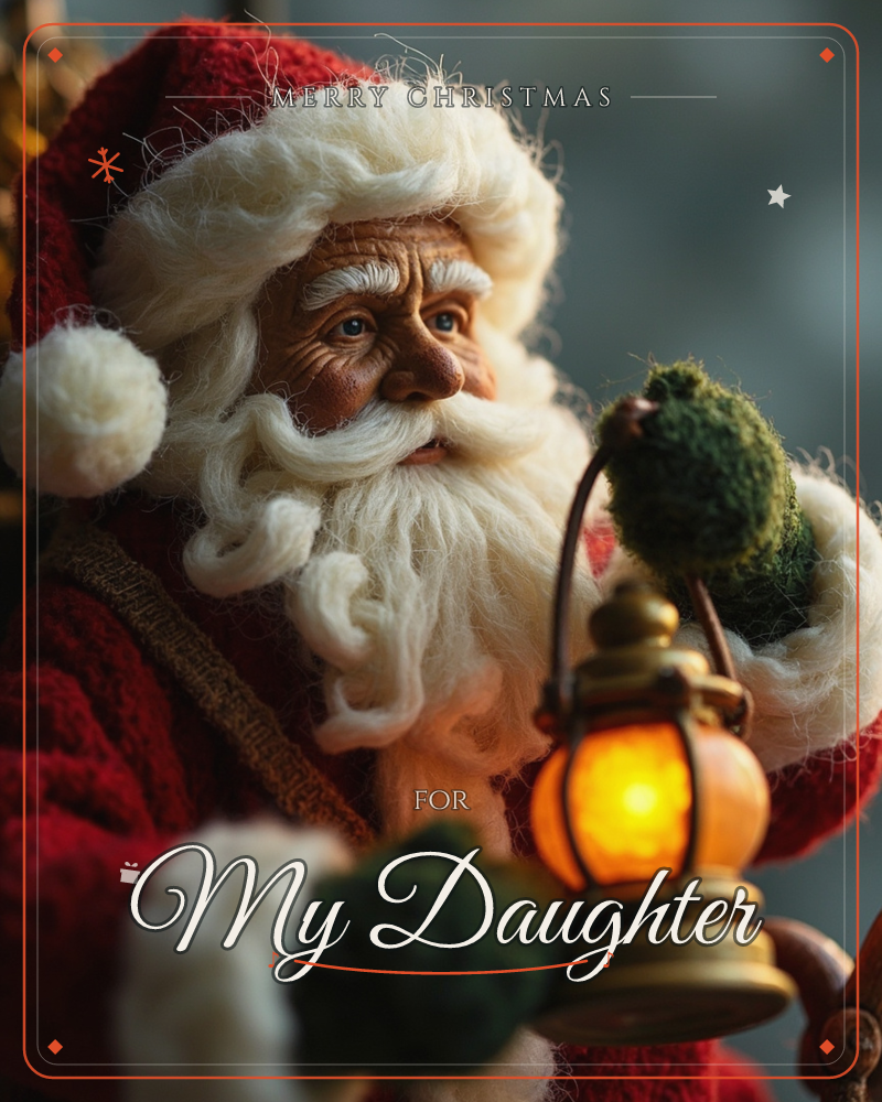 A close-up of a finely detailed Santa figure with a weathered, kindly face and curling white beard, dressed in a red felt coat trimmed with fur pompoms, a christmas e-card design