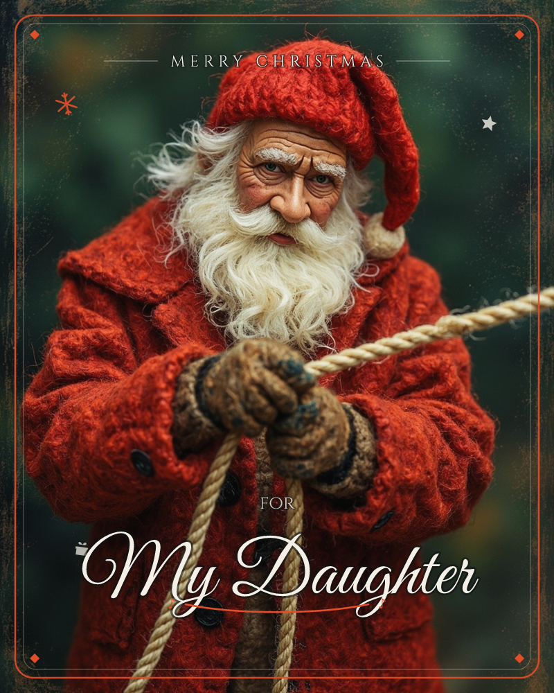 A weathered figure in a red knitted cap and thick red coat grips a heavy rope with mittened hands, his long white beard catching flecks of light…, a christmas e-card design