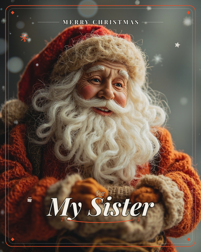 A close-up of a handcrafted Santa figure with a curling wool beard and knitted red coat, clutching a burlap sack with mittened hands, a christmas e-card design