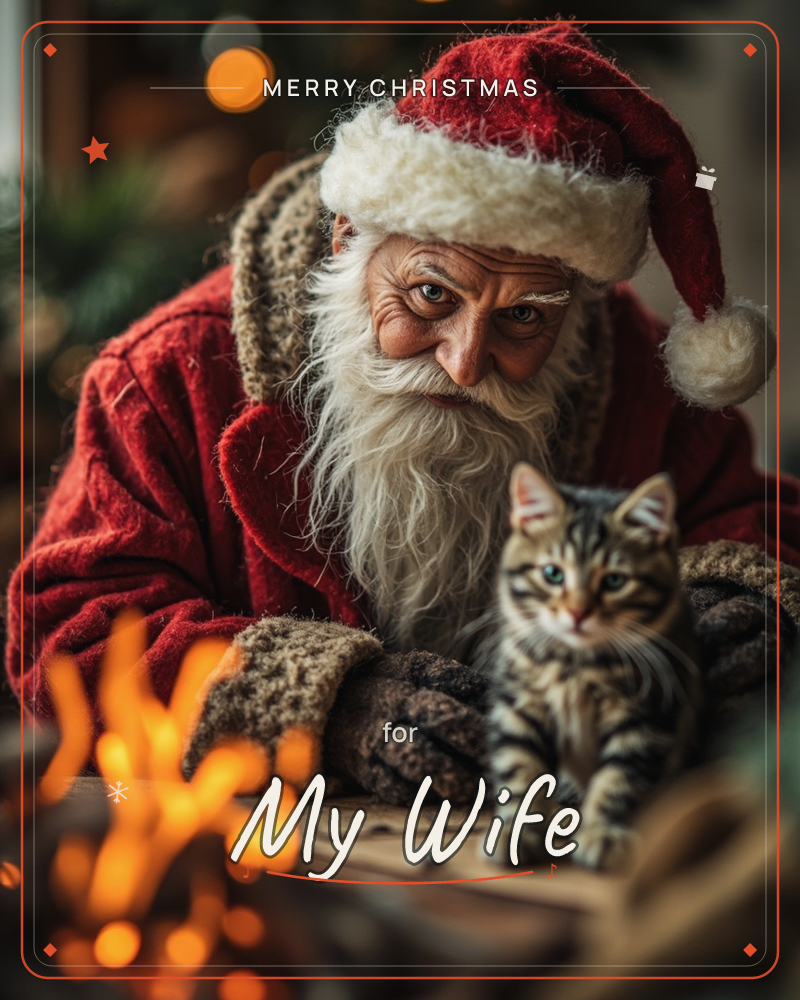 A man dressed as Santa, with a long white beard and knitted mittens, leans close to a small striped kitten perched on a wooden table, a christmas e-card design