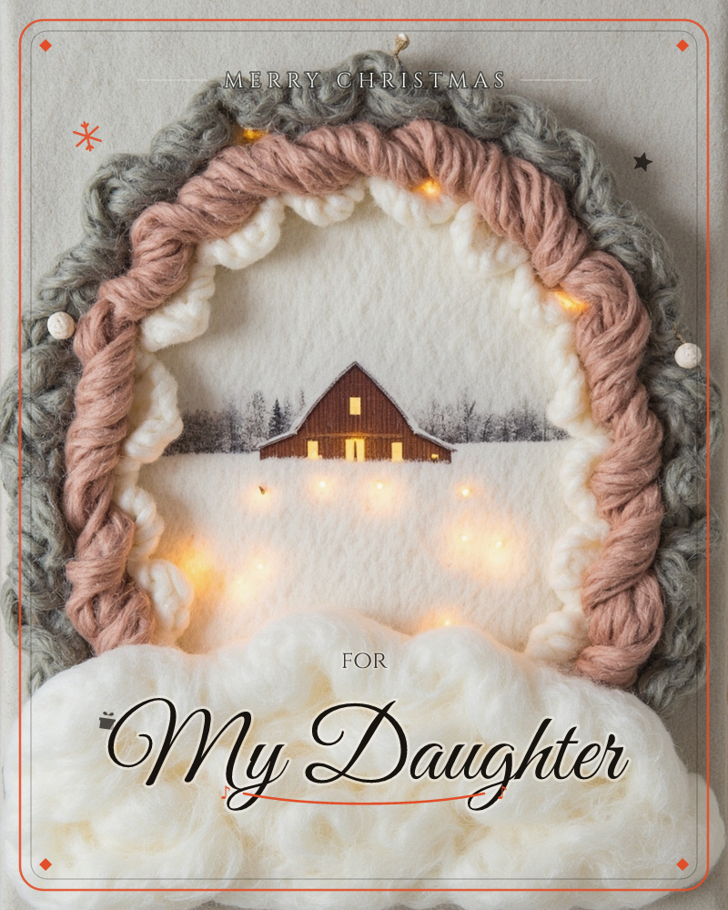 A wintry barn scene sits inside an arched frame braided from sage-grey and dusty pink yarn, its lower edge banked with fluffy white wool like snowdrifts, a christmas e-card design