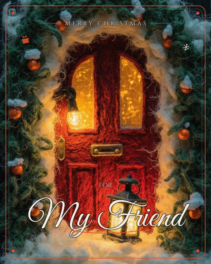 A cosy red front door glows warmly through its glass panes, framed by a felted wreath of dark green garland, orange baubles, and tufts of snow, a christmas e-card design
