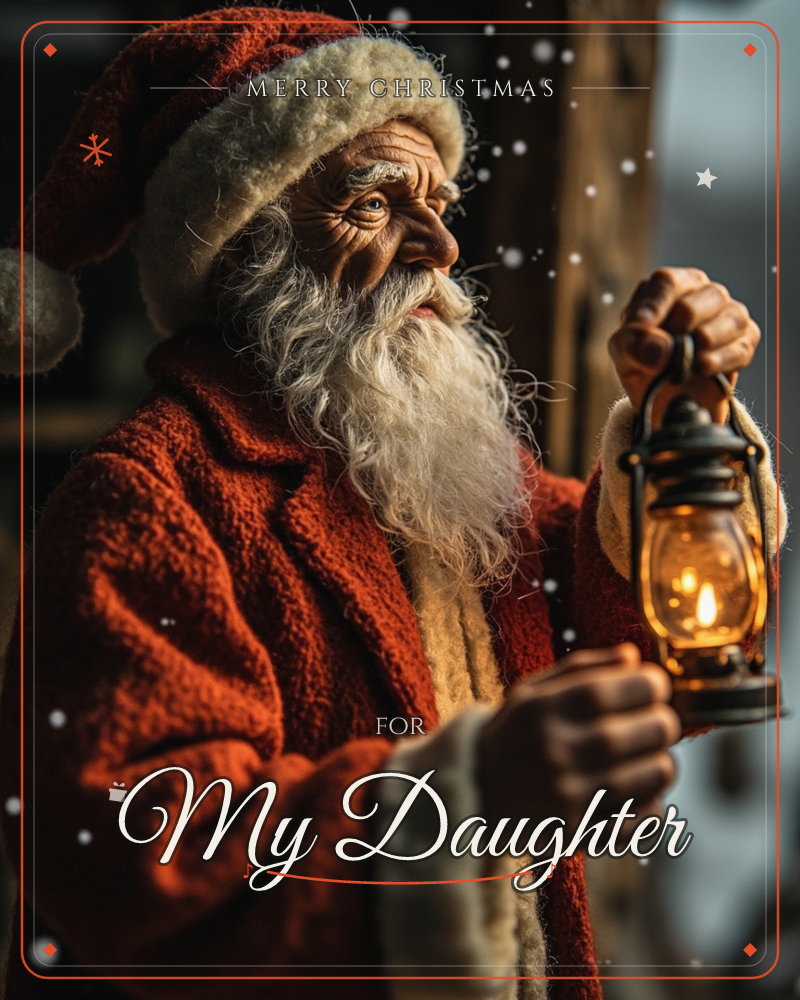 A weathered figure in a fur-trimmed red coat and cap holds up an old-fashioned lantern, its flame glowing amber against the dim, snow-flecked dark, a christmas e-card design