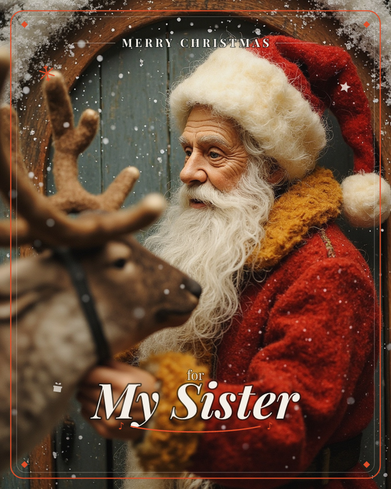A felted Santa figure with a long white beard leans close to a reindeer, holding its lead against a weathered blue-green door framed in wood, a christmas e-card design