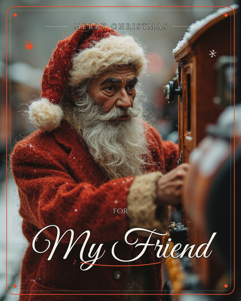 A man dressed as Santa Claus, with a long white beard and red wool coat dusted with snowflakes, leans in to inspect the door handle of an old wooden…, a christmas e-card design