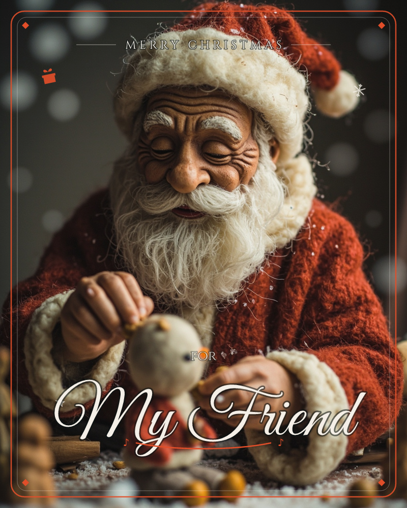 A handcrafted Santa figure, textured like felt and clay, leans over a small snowman ornament he seems to be dressing or decorating, a christmas e-card design